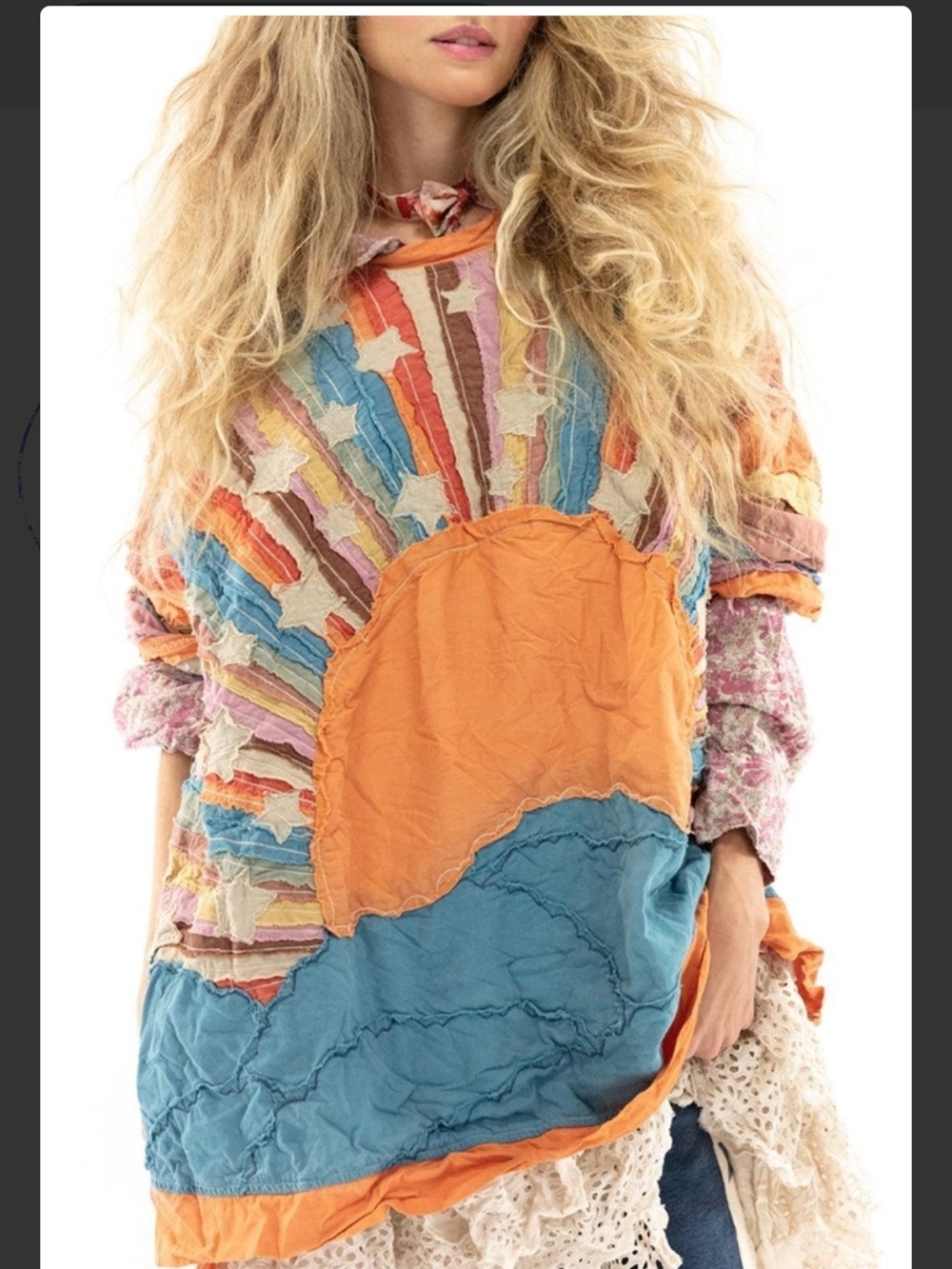 NWT Magnolia Pearl Francis Appliqué Top Patchwork Sunburst Tunic Orange Blue - Picture 9 of 13